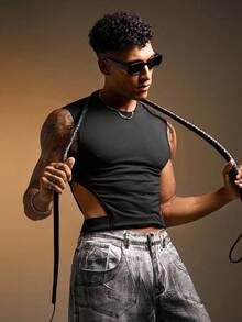 FeverCity Men's Solid Color Round Neck Side Hollow Out Slim Fit Tank Top