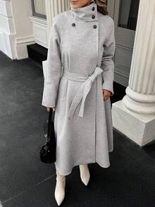 Xyvia 秋冬女装休闲高领纽扣腰带中长款毛呢大衣，老钱风女装/女士办公装/外出装，女士秋装 - 淺灰色 - 查看 5