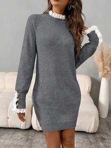 EMERY ROSE Women's Casual Ruffle Collar Raglan Sleeve Knit Sweater Dress, Autumn/Winter - Grey - View 3
