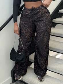 Alexandranx 豹纹工装裤，女式直筒休闲裤 - 黑色 - 查看 3