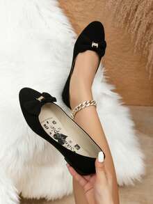 Bailarinas de mujer con lazo decorativo, suave, punta redonda, sin cordones, tacón bajo, estilo escolar para oficina y diario - Negro - Ver 1