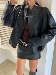 DAZY Chaqueta casual de mujer de manga larga regular con doble botonadura de unicolor en piel sintética (PU) - Negro - Ver 3