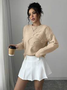 Elenzga Women's Crew Neck Floral Pattern Solid Color Pullover Sweater - Khaki - View 6