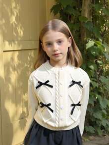Tween Girl Cardigans,Cream White Soft Knit Cardigan With Bow,Back-To-School Autumn Casual Party Short Sweater For Kids,Wedding Guest Outfits - Beige - View 13