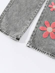 SHEIN ChillGRL Tween Girls New Fashion Distressed Snowflake Embroidered Wide-Leg Jeans Full Outfits For 11 To 12 Year Old With Plant Pants With Butterflies And Flowers Tween Jean Pants Embroidery - Light Grey - View 6