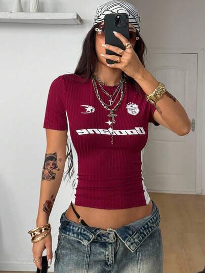 Coolane Women's All-Season Y2K Streetwear Vintage Concert Rave Festival Going Out Burgundy Crop T-Shirt Tees