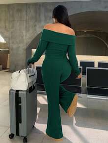 SHEIN EZwear 大码休闲家居服简约露肩粗条纹橄榄绿两件套 - 墨綠色 - 查看 2