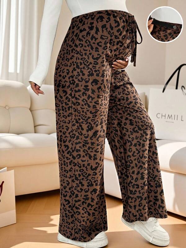 SHEIN Pantalones anchos y sueltos de pana con estampado de leopardo, nudo ajustable en la cintura, para embarazadas de moda casual y urbana