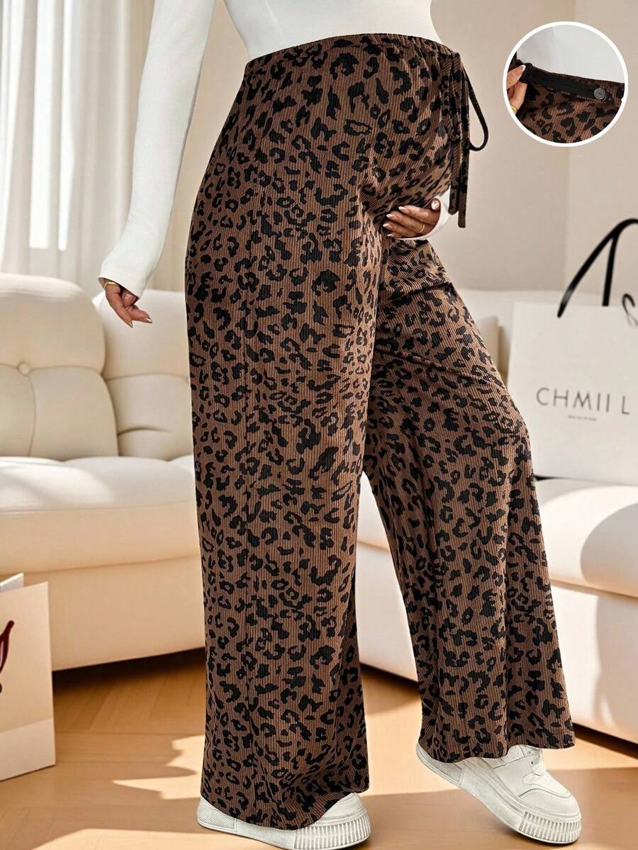 SHEIN Maternity Casual Fashionable Street Corduroy Leopard Print Knot Adjustable Waist Loose Wide Leg Pants Cheetah Print - Brown - View 1