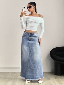 SHEIN Tall Women's Fashionable Distressed Washed Denim Mini Skirt - Light Wash - View 7