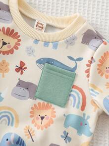 Cozy Pixies 2pcs Baby Boy Cartoon Animal Pattern Knit Soft Crew Neck Long Sleeve Pullover Sweatshirt And Elastic Waist Pants Set - Mint Green - View 10