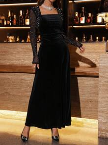 SHEIN Clasi 女士优雅方领长袖A字连衣裙，紫色，适合派对、秋冬春夏派对、春季派对、春季穿搭、黑色长款连衣裙、珍珠连衣裙、外出连衣裙、情人节连衣裙、节日服装、女士生日服装 - 黑色 - 查看 6