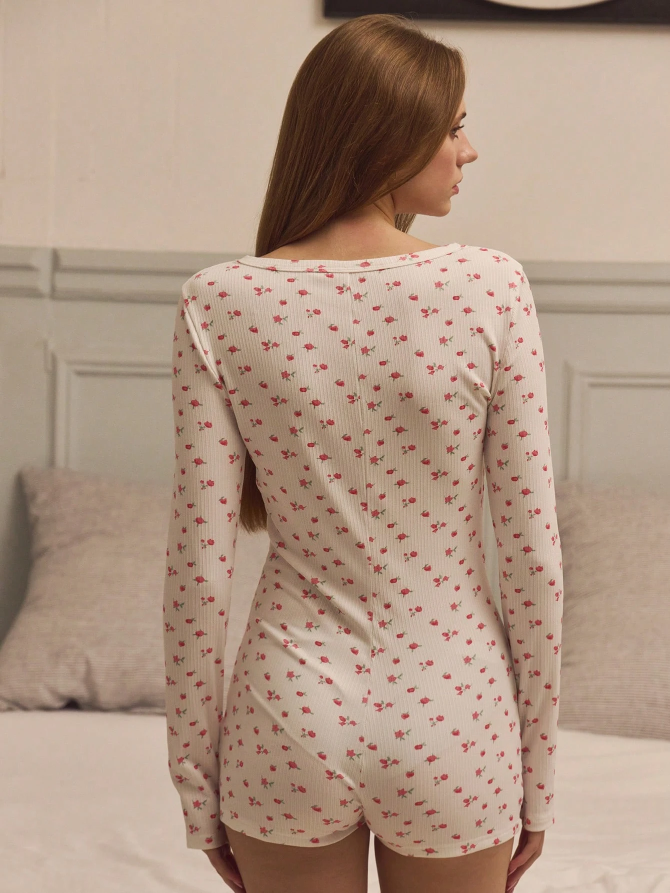 White Rib Knit Floral Print Long Sleeve Button Front Romper Cosy Spring Summer Floral Sleepwear