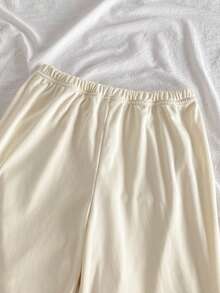 SHEIN 女童小熊刺绣前开衫长袖衬衫和裤子休闲睡衣套装 - 米色 - 查看 5