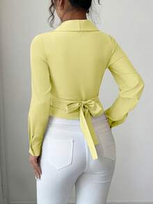 Selianne Women's Fluorescent Green Shawl Collar Long Sleeve Waist Metal Design Fitted Fashion Blouse - Pale Yellow - View 2