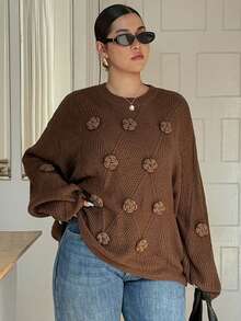 Dazy Plus Fashionable Casual 3D Floral Decor Knitted Diamond Pattern Loose Crew Neck Plus Size Sweater For Women, Autumn/Winter - Brown - View 3
