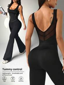 Dewbera 女士秋冬春款连体裤，黑色紧身U领，腰部修身拼接，后背U型网眼拼接，修身显高，遮盖腹部，喇叭裤腿，适合日常休闲穿着，跑步，瑜伽，健身，网球，高尔夫等活动