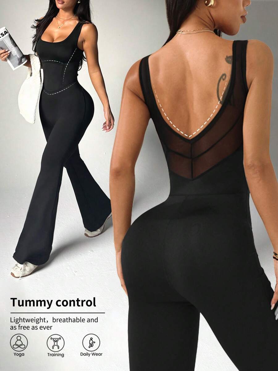 Dewbera 女士秋冬春款连体裤，黑色紧身U领，腰部修身拼接，后背U型网眼拼接，修身显高，遮盖腹部，喇叭裤腿，适合日常休闲穿着，跑步，瑜伽，健身，网球，高尔夫等活动