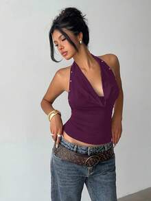 Aloruh Purple Backless Halter Neck Knit Top, Reversible - Purple - View 5