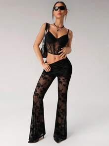 SHEIN ICON Women's Sexy Flocked Sheer Mesh Flare Pants,Black Pant - Black - View 4