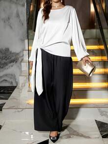 Zelara Plus Size Women's Side Knot Top And Wide Leg Pants 2pcs Set,Black And White,Summer,Elegant,Dinner,Wedding Guest Mother Of The Bride Formal Party Wear - Multicolor - View 9