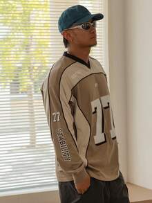 DAZY 男士拼接布料字母图案刺绣印花V领T恤，秋季商务装 - 彩色 - 查看 8