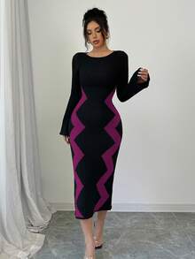 Elenzga Women's Contrast Color Pattern Flare Sleeve Fitted Knit Dress - Purple - View 3