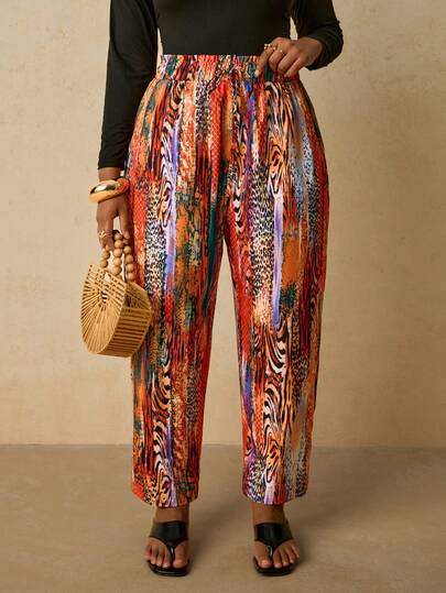 SHEIN VCAY Plus Size Women's Colorful Abstract Animal Print Leopard Pants With Waist Tie Bow, Straight Leg Beach Outfits For Women Leopard Print Cheetah Print