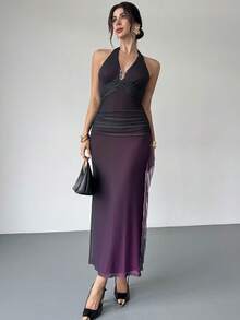 Firerie Women's Elegant Romantic Ombre Pleated Bodycon Halter Dress - Purple - View 5