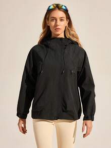 Exploreva Chaqueta cortavientos casual con capucha negra para exteriores - Negro - Ver 4