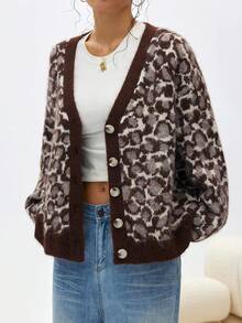Lunelith SHEIN Lunessa Cardigan de malha feminino, outono/inverno, novo, cáqui, estampa de leopardo, solto, retrô, casual, versátil, moderno, urbano, relaxado, gola V