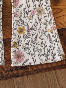 SHEIN Genkimix Kids 2pcs/Set Young Girls Floral Print Ruffle Sleeve Crew Neck Sweatshirt And Flared Pants Set, Spring/Autumn - Apricot - View 7