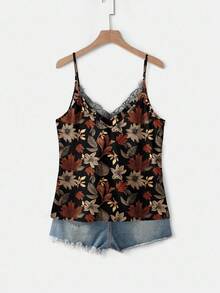 EMERY ROSE Plus Size VCAY Textured Fall Leaf Print Cami Top Suitable For Going Out,Flower/Spring/Summer/Vacation - Brown - View 3