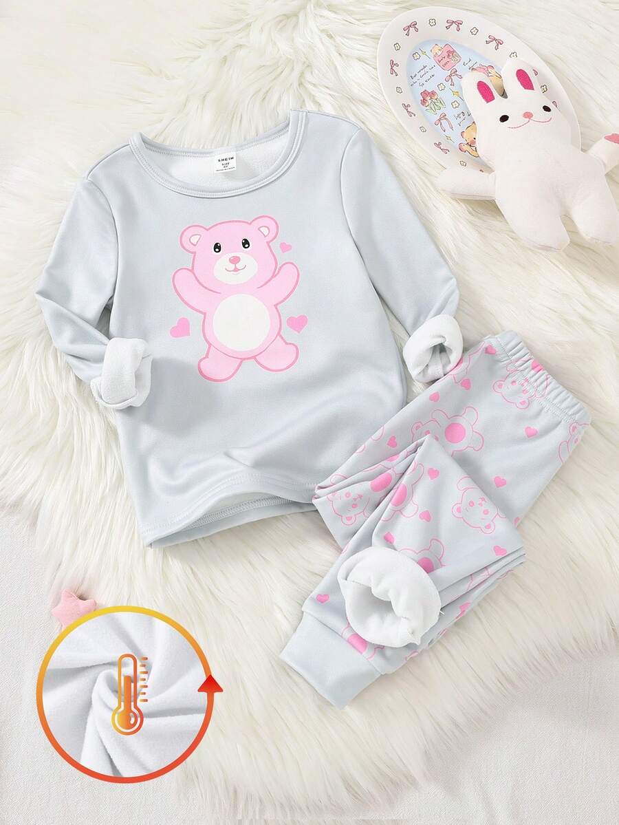 Young Girl' Minimalist Elegant Bear Pattern Fleece Long Sleeve & Pants Sleepwear Homewear Set - Multicolor - View 1