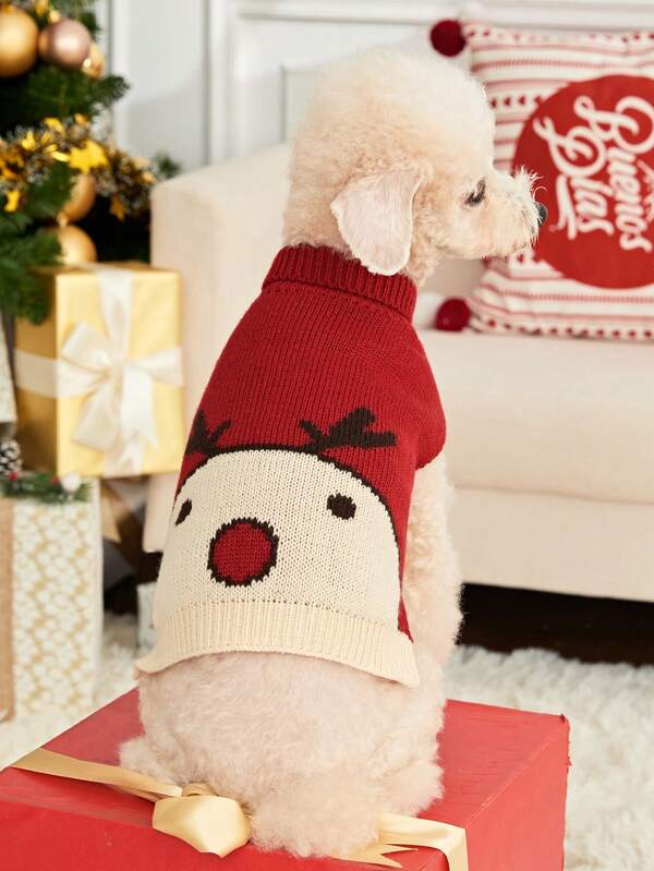 PETSIN 1pc Christmas Pet Cat Dog Universal Green Diamond Grid Elk Snowflake Cute Pattern Jacquard Knitted Elastic Comfortable Dog Christmas Sweater