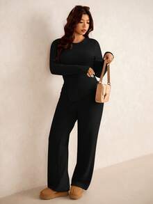 Elaquor Plus Size Women Solid Color Round Neck Long Sleeve Ribbed T-Shirt And Pants Casual 2 Pieces Set/ Spring - Black - View 8