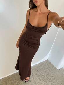 Aloruh Đầm dạ hội gợi cảm cho nữ dự tiệc màu trơn hở lưng ren chắp vá bodycon dài đuôi cá - màu nâu - Xem 2