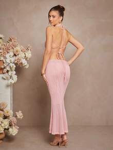 L'Amorae Solid Color Mermaid Hem Elegant Slim Fit Skirt - Pink - View 2