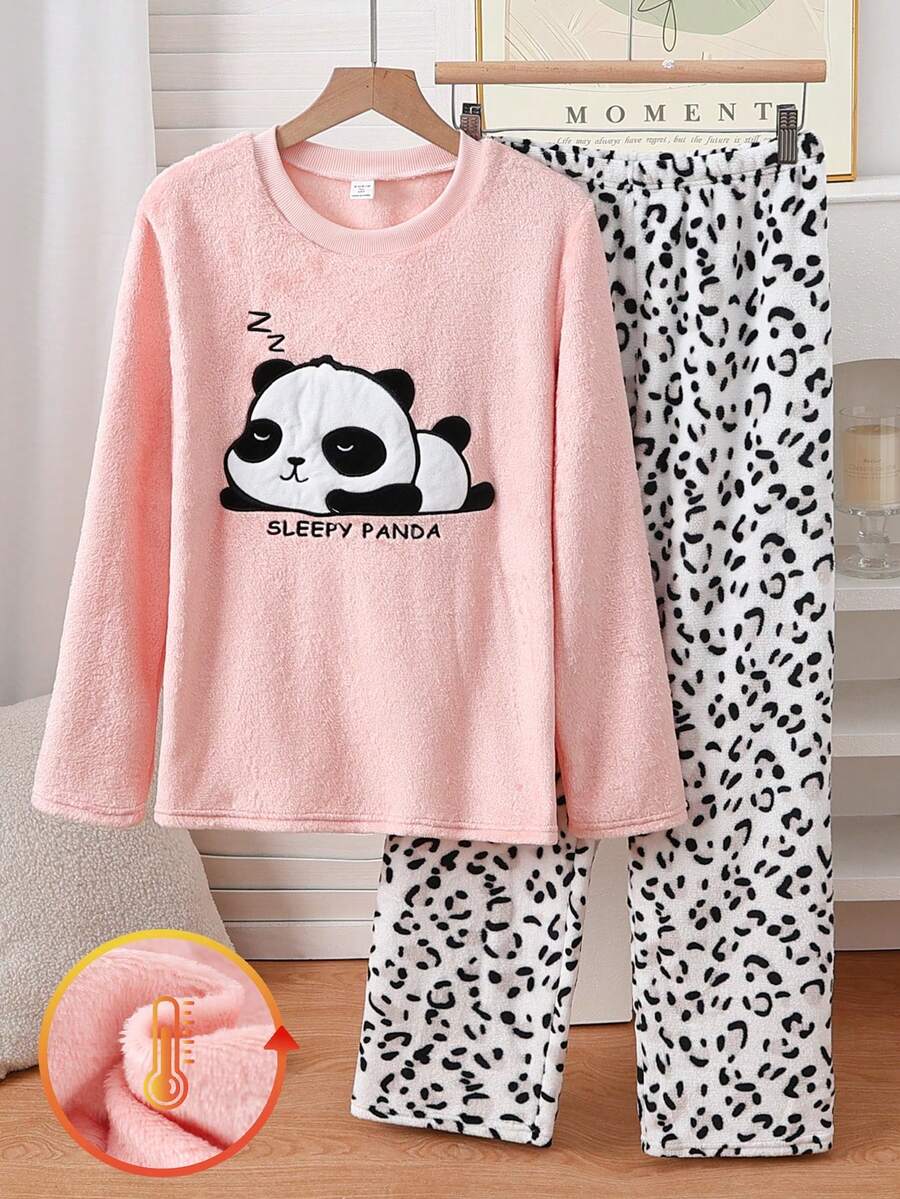 Ensemble de pyjama pour adolescentes comprenant un sweat-shirt en peluche rose avec panda brodé et un pantalon en peluche léopard épais et confortable à manches longues - Rose bonbon - Voir 1