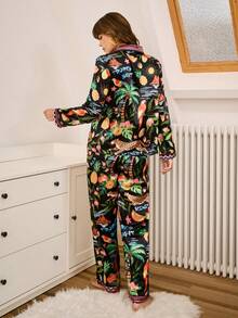 Chillnights Conjunto de pijama feminino INS com estampa tropical em blocos de cores e plantas, ideal para o inverno. - Preto - Ver 2