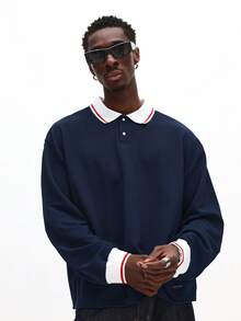 SUMWON Men's Long Sleeve Textured Boxy Fit Polo With Contrast Collar And Cuff Details - Navy Blue - View 5