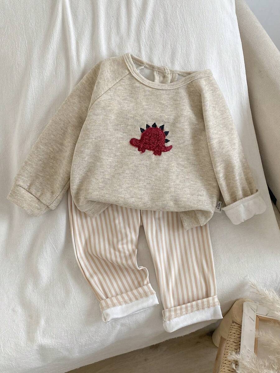 2 件套婴儿/男婴恐龙刺绣休闲圆领长袖上衣和裤子睡衣套装，秋冬 - 卡其色 - 查看 1