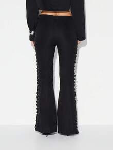KIZN High Waisted Lace Up Side Flare Pants With Metal Eyelets Perfect For Night Out Events - Black - View 2
