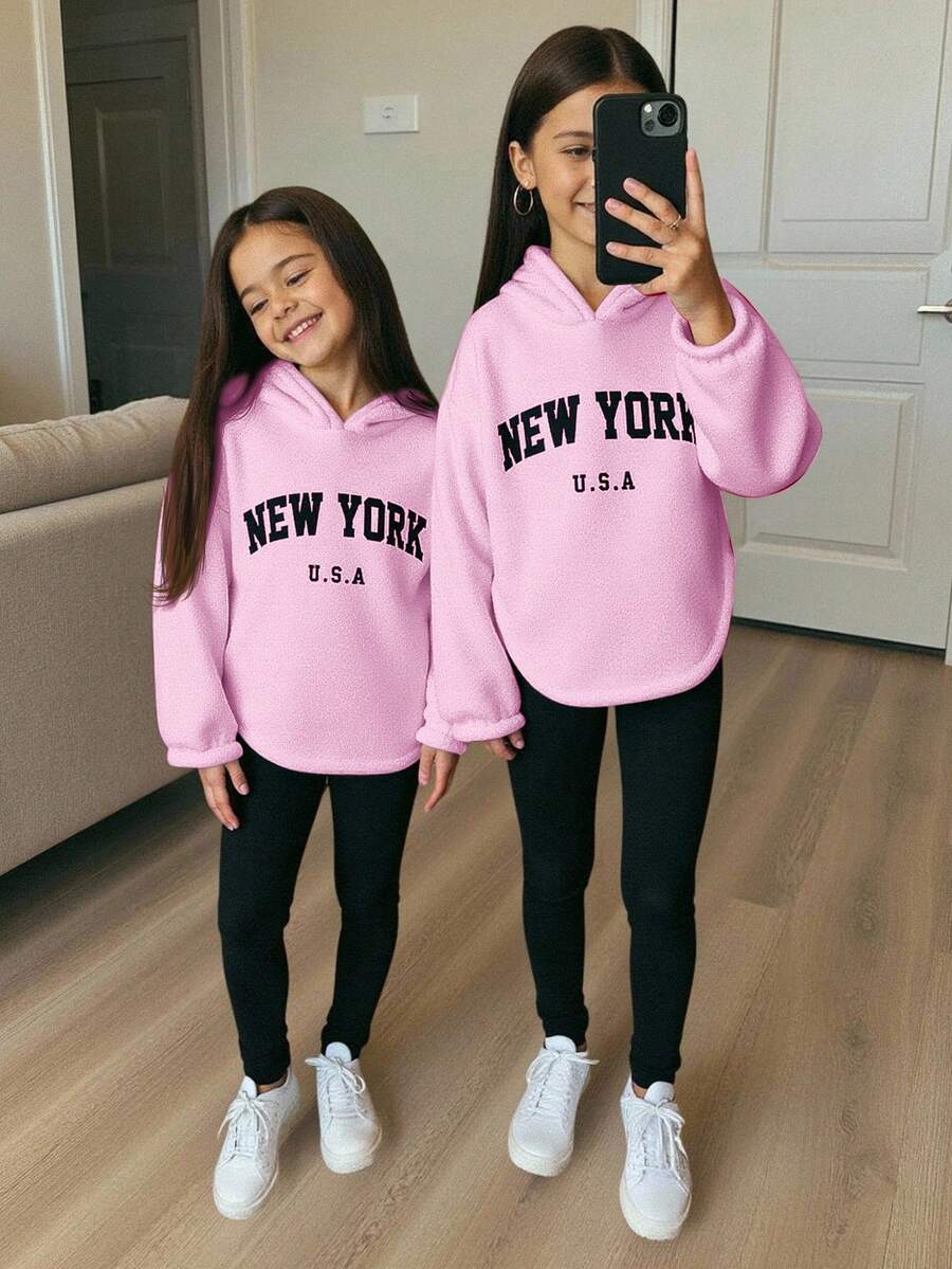 SHEIN 年轻女孩 2 件/套摇粒绒字母刺绣落肩弧形下摆连帽衫和紧身裤套装，运动风格，非常适合秋冬季休闲、日常穿着和学校日常穿着