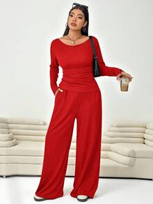 SHEIN EZwear 2件套加大码纹理红色圆领长袖上衣和裤子套装 - 紅色 - 查看 5