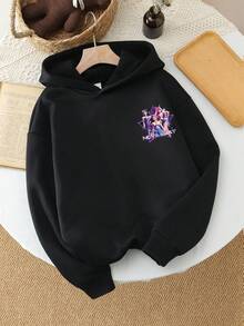 SHEIN 少女休闲时尚舒适简约百搭创意趣味3D星形K-POP卡通女孩图案抓绒卫衣，秋冬款 - 黑色 - 查看 2