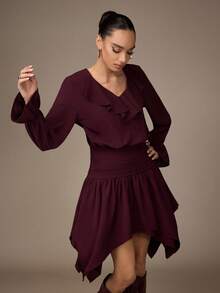 Modelyn Women's V-Neck Ruffle Flare Sleeve Asymmetrical Long Dress - Burgundy - View 1