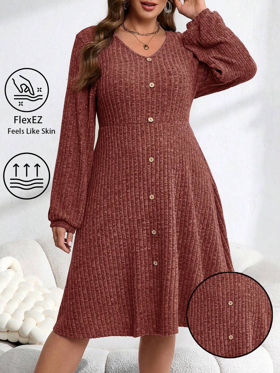 EMERY ROSE Plus Size Women's Lantern Sleeve Textured Button Decor Midi Dress,Fall Women Clothes New Year Clothes  Clothes For New Year Christmas Clothes  Party Dress Winter Clothes For Women Cozy Fall And Winter Clothes For Women