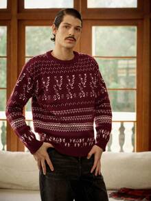 RivetRise Men's Casual Geometric Pattern Sweater, Autumn/Winter, Christmas Snowflake Red Knit Sweater, Long Sleeve Top - Multicolor - View 6