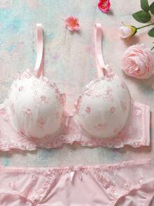 FloralLove 2pcs Embroidered Floral Underwire Padded Push Up Comfy Balconette Bra Set, Cute, Fresh, Romantic, Butterfly Decor Babydoll Lingerie Set For Women Floral Lingerie Set - Pink - View 5